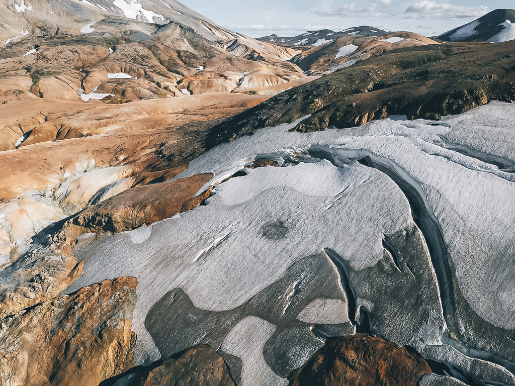 An aerial view of Icelandic Highlands with Glacier at Landmannalaugar