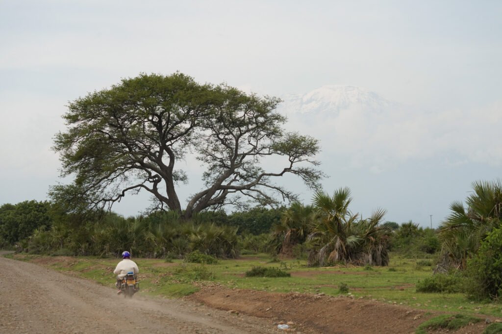 Dusty road through dry Tanzanian countryside on the way to Chemka Hot Springs near Moshi